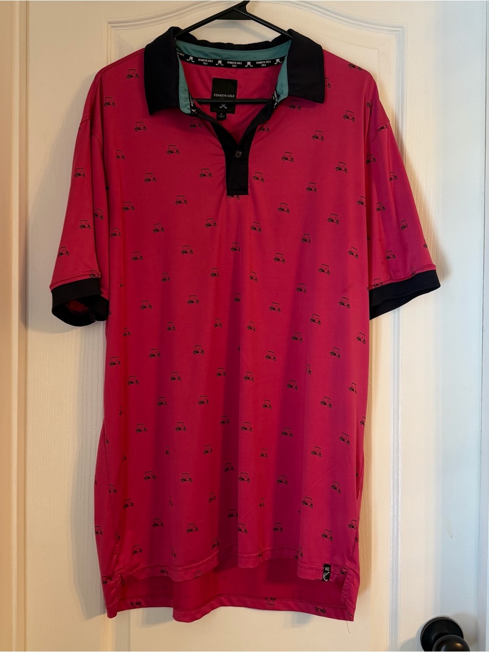 Kenneth Cole Hot Pink “golf cart” Polo with Black Collar